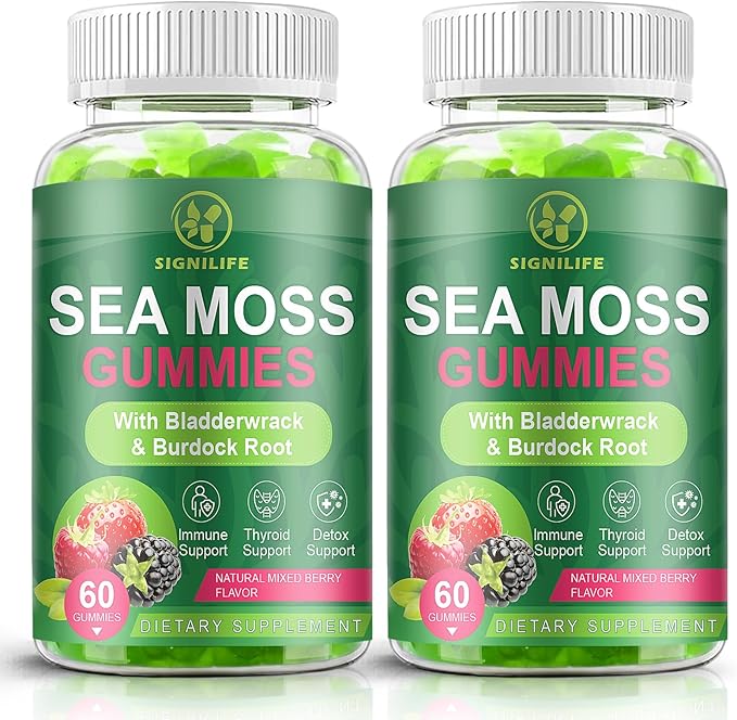 Organic Sea Moss Gummies,with Black Seed Oil,Bladderwrack,Burdock Root, Vegan Irish Sea Moss Gummy Vitamins for Immune, Thyroid and Detox Support, Gluten-Free