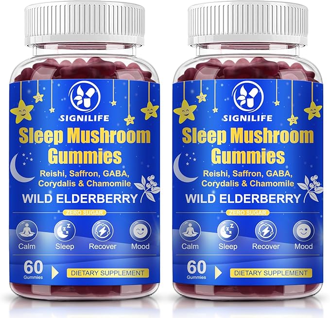 Sleep Mushroom Gummies with Reishi & Lions Mane -Natural Sleep Aid & Relaxation Supplement, Wild Elderberry Flavor, Non-GMO, No Sugar